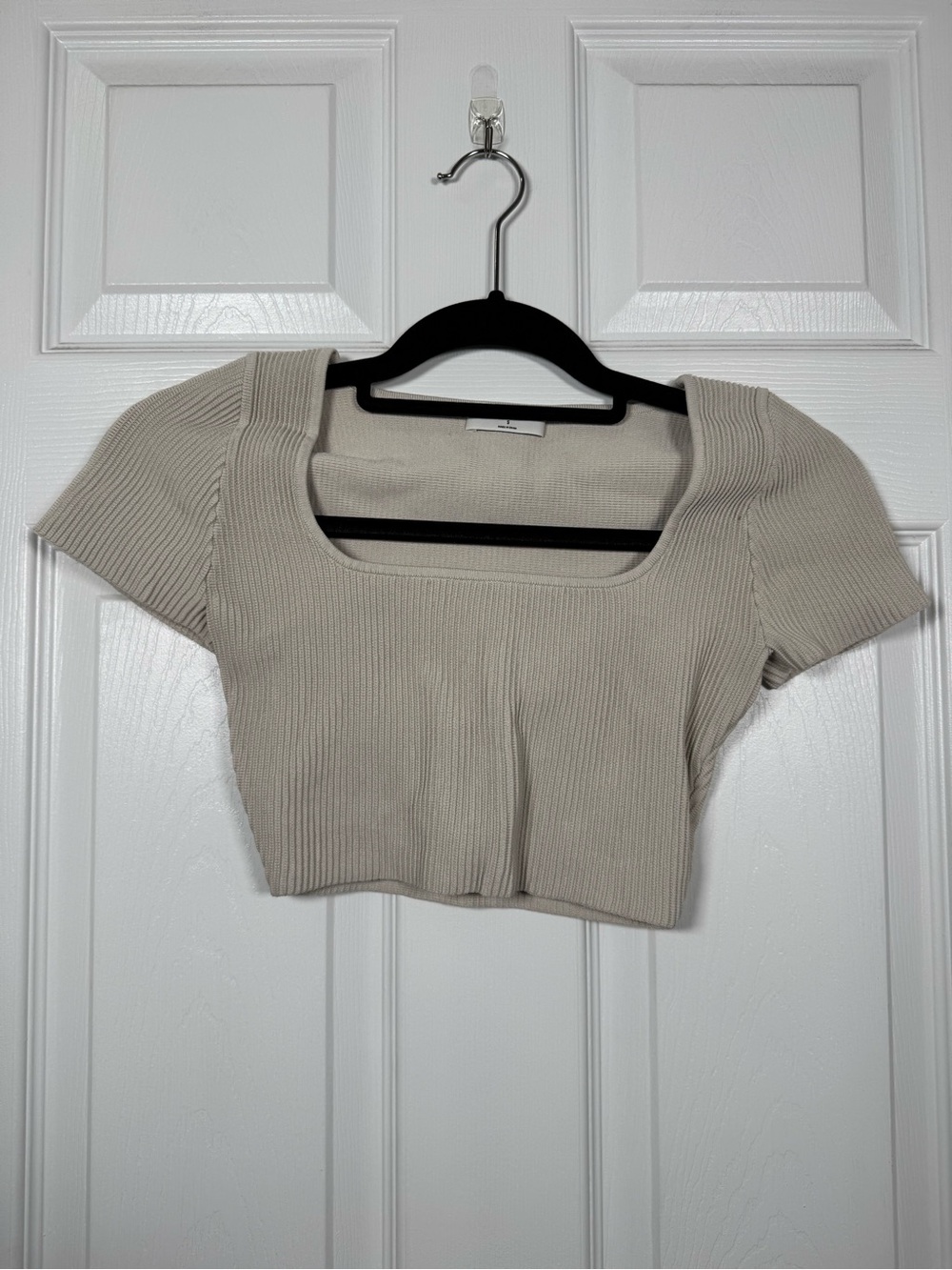 Babaton Aritzia Ribbed Square Neck Cropped Knit Top Beige S